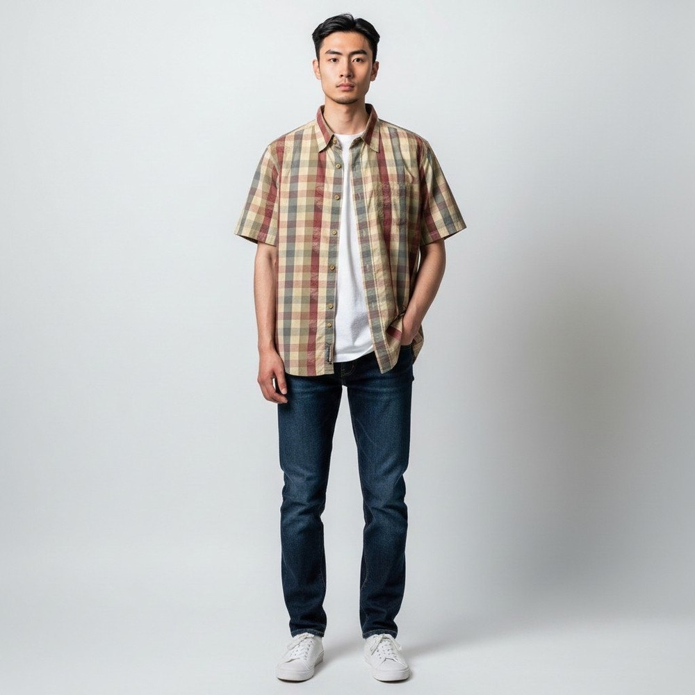 Quiksilver Button Down Shirt XL Tan Red Plaid Short Sleeve H509696 Surf Skate